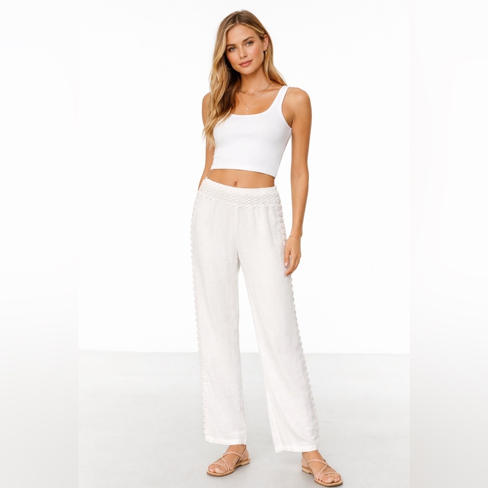 krazy kat Cream Crochet-Waist Wide Leg Pants L